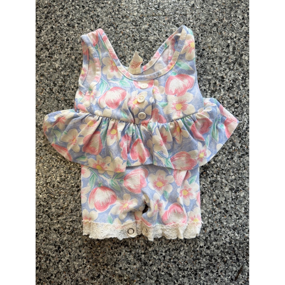 Vintage Baby Girls Floral Romper Pastel Pink Blue Ruffle 0-6 Months USA Made